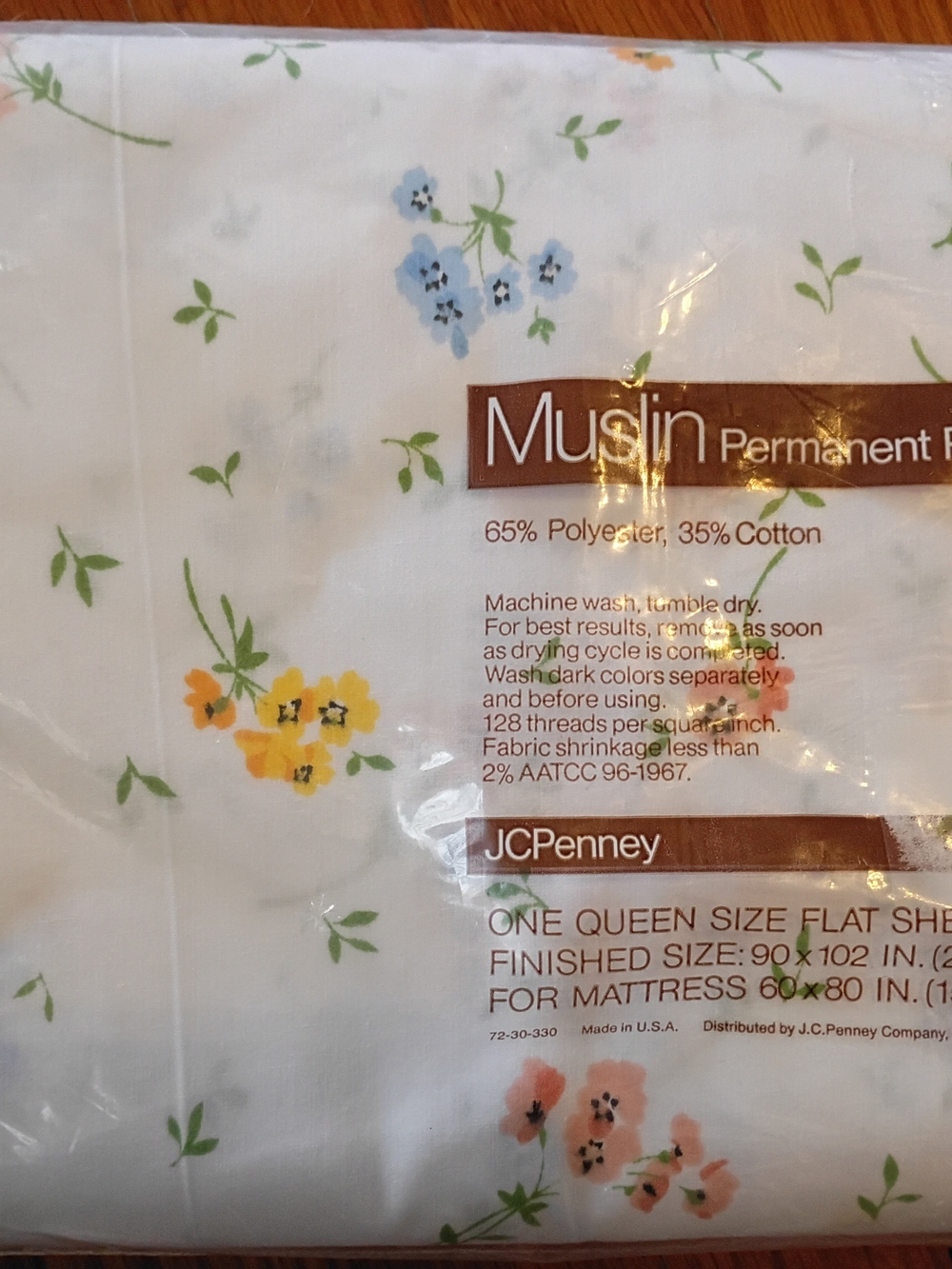 Vtg JCPenney No Iron Muslin Queen Flat Sheet Floral New In Package